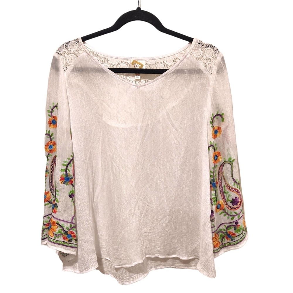 Fig & Flower Womens White Floral Embroidered Boho Blouse Petite Size Large